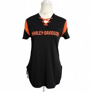 Harley Davidson Vintage Baseball Crossed Jersey Top Women’s Size S Orange Black